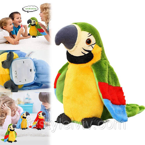Мягкая игрушка-повторюшка Попугай Parrot Talking 22 см / Интерактивный ...