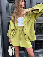Костюм женский летний легкий из муслина удлиненная рубашка свободного кроя и удобные шорты Dld4394