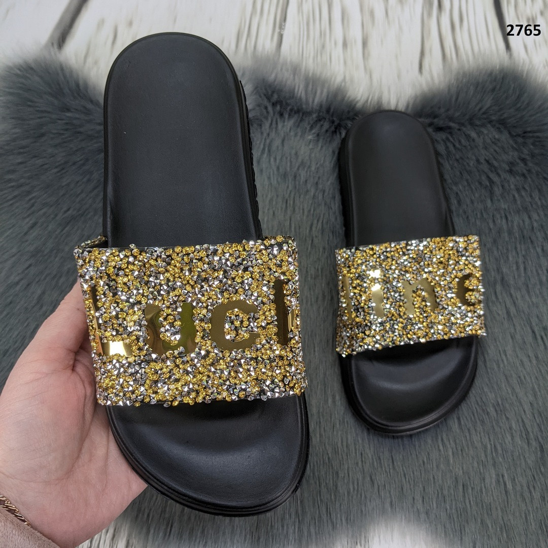 Жіночі шльопанці бронзові зі стразами на чорній підошві, фото 1