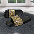 Жіночі шльопанці бронзові зі стразами на чорній підошві, фото 4
