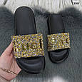 Жіночі шльопанці бронзові зі стразами на чорній підошві, фото 6