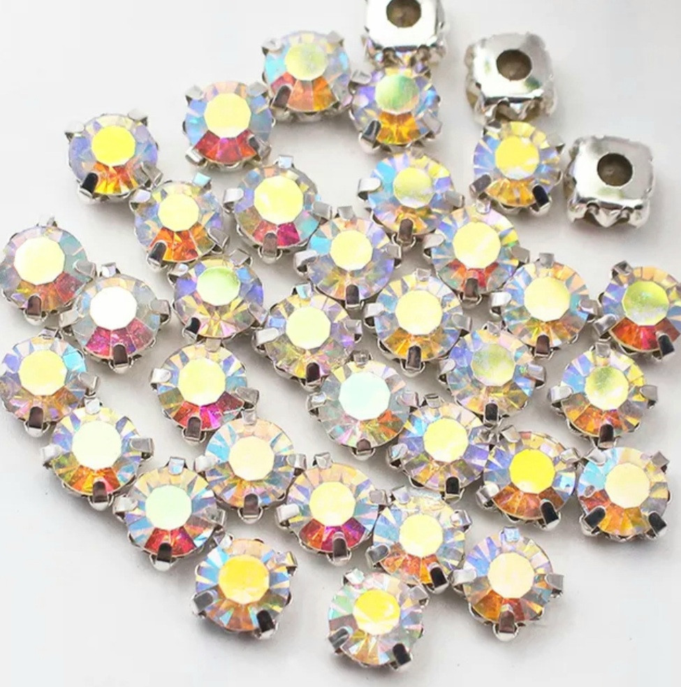 Купить Пришивные стразы в цапах, 8 мм. Crystal АВ/оправа серебро, цена ...