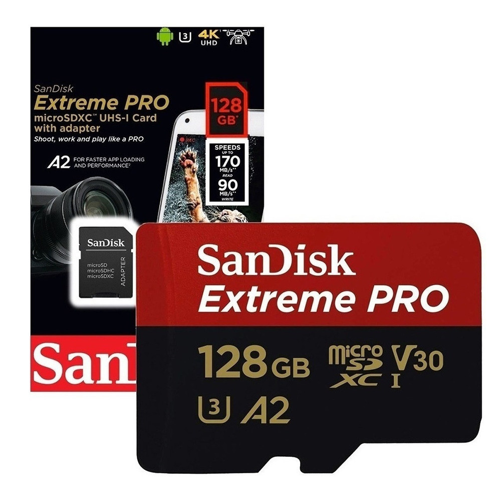 Карта пам'яті SanDisk microSDXC Extreme Pro 128GB Class 10 UHS-I (U3) V30 A2 W-90MB/s R-170MB/s