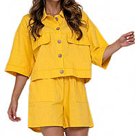 Жіночий однотонний костюм з піджком та шортами Жовтий 46,48