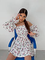 Короткое цветочное платье с открытыми плечами с резинкой на талии и широкими рукавами (р. S-M) 22PL4078
