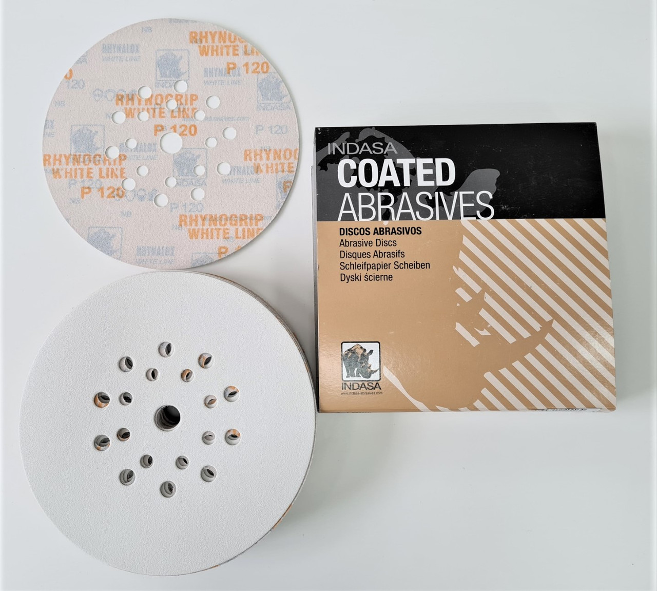 Абразивні диски на липучці на "ЖИРАФ" INDASA Rhynogrip White Line D 225mm H19, P40-P240 (уп. - 50шт.)