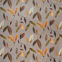 Ткань для штор, римская штора, скатерть, декор листва зеленая коричневая и оранжевая на сером фоне