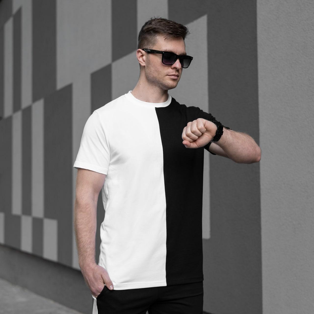 Чоловіча двокольорова футболка S M L XL 2XL 3XL(46 48 50 52 54 56) трикотажна чорно-біла