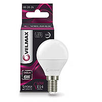 LED лампа 6W шарик Velmax V-G45 E14 4100K 540Lm угол 220 °