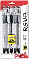 Шариковые ручки Pentel® R.S.V.P.®, тонкое острие, 0,7 мм, прозрачный корпус, черные чернила, упаковка из 5 шт