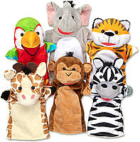 Набор мягких ручных игрушек для спектакля ручные куклы, (слон, тигр, попугай, жираф, обезьяна, зебра)
