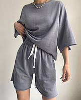 Костюм женский трикотажный базовый в стиле oversize, шорты и футболка