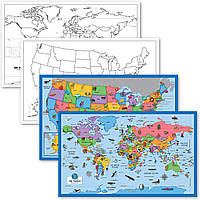 Карти США та світу для дітей (ЛАМІНОВАНІ, 45Х74 см + Набір з 4-х плакатів з порожніми планами США та світу
