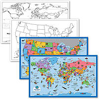 Карты США и мира для детей (ЛАМИНИРОВАННЫЕ, 45Х74 см + Набор из 4-х плакатов с пустыми планами США и мира