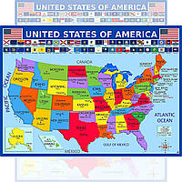 Карта США с плакатом с государственными флагами ламинированный 35х50 см образовательный плакат