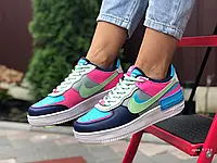Женские кроссовки Nike Найк Air Force 1 Shadow, кожа, серые с салатовым и розовым. 36