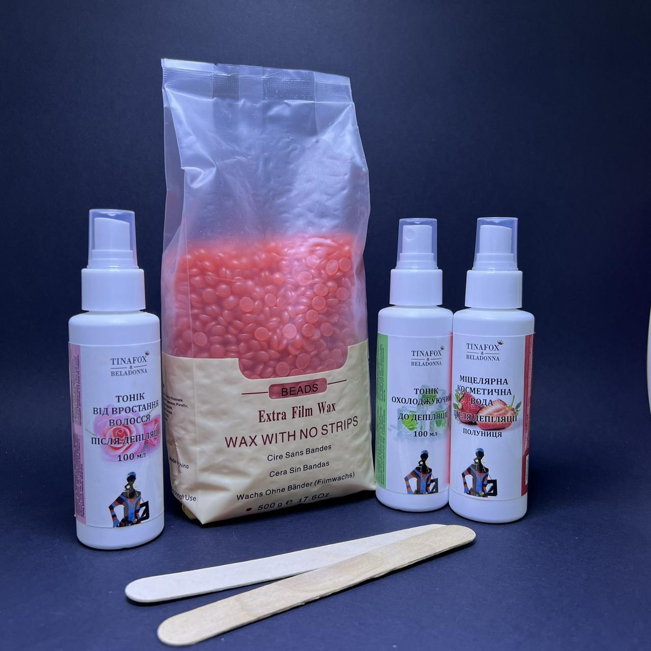 Набір для депіляції віск 400 г і 3 засоби до і після депіляції TINAFOX