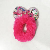 Гумка для волосся з хутра з вушками з тканини і паєток. OL-940 Колір: темно-рожевий