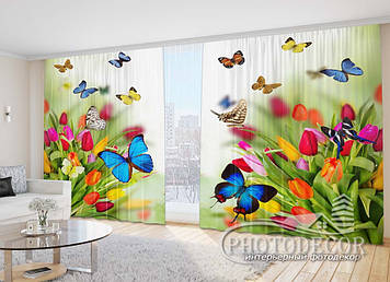 Фото Штори "Тюльпани з метеликами" 2,7м*4,0м (2 полотна по 2,0м), тасьма