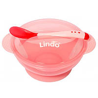 Тарелка на присоске с крышкой и ложкой, розовый Lindo А 49 (4890210600499)