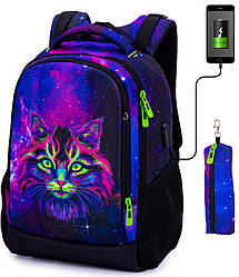Рюкзак шкільний дитячий фіолетовий підлітковий Котик для дівчинки з USB-перехідником і пеналом SkyName 57-26