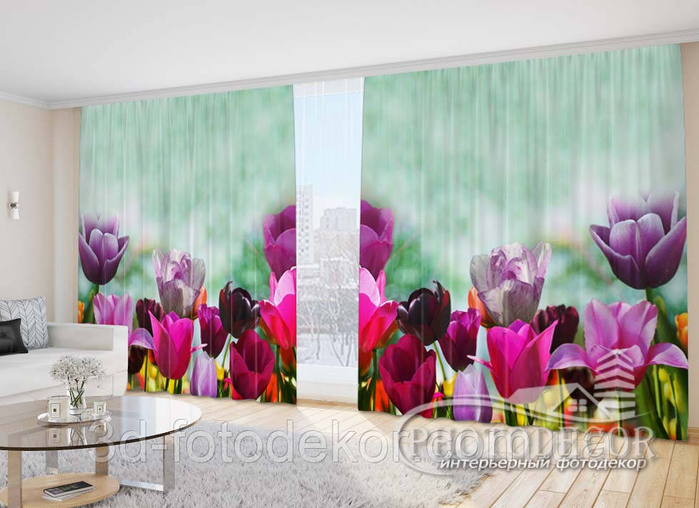 Фото Штори "Різнокольорові тюльпани на салатовому фоні" 2,7м*5,0м (2 полотна по 2,5м), тасьма - фото 1 - id-p1623474300