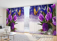 Фото Шторы "Фиолетовые тюльпаны с бабочками 1" 2,7м*4,0м (2 полотна по 2,0м), тесьма
