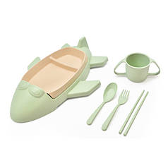 Дитячий набір посуду Stenson R87745 "Літак", з пшеничного лушпиння, 6 предметів, м'ятний (Niz12551)