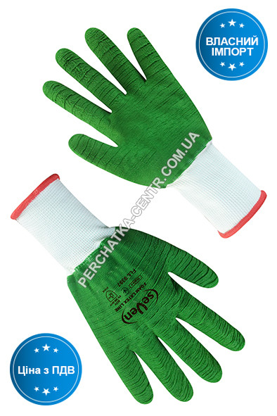 Перчатки синтетические белые с зеленым вспененным полным латексным покрытием 69397б, 9р. - фото 1 - id-p549602257