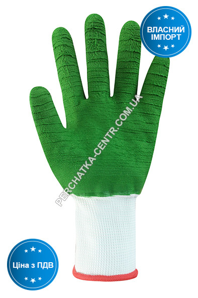 Перчатки синтетические белые с зеленым вспененным полным латексным покрытием 69397б, 9р. - фото 2 - id-p549602257