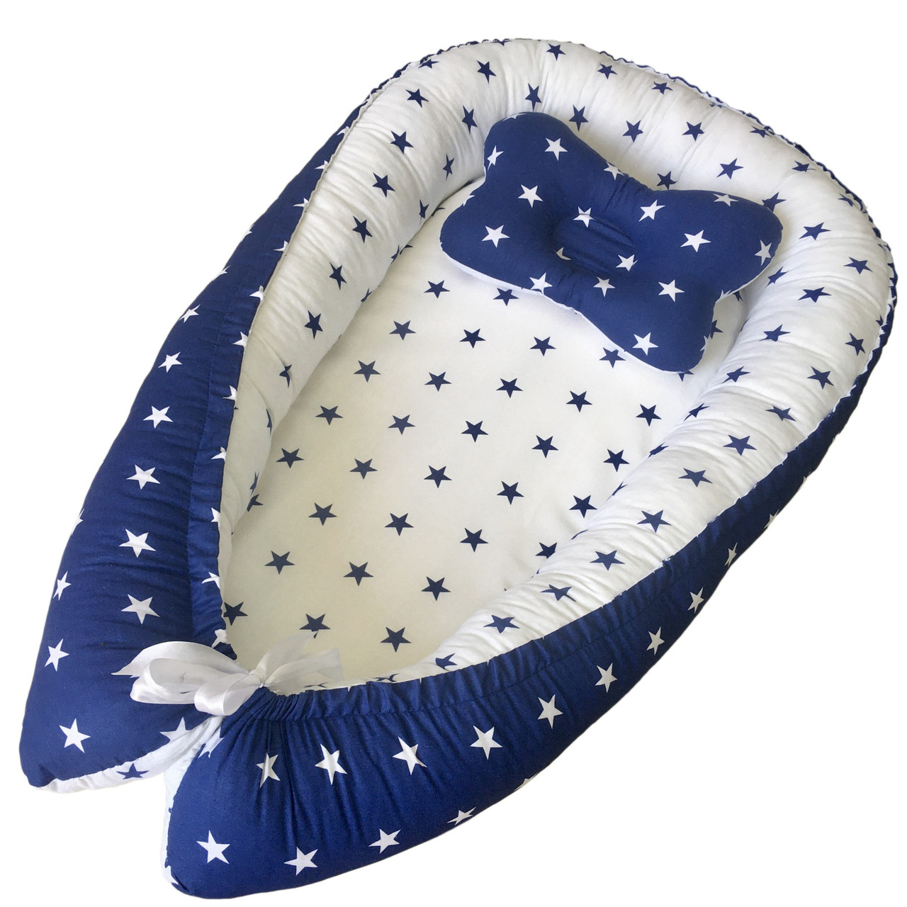 Кокон гніздечко позиціонер для новонароджених Солодкий Сон з подушкою "Зірки класичні" Синій/білий