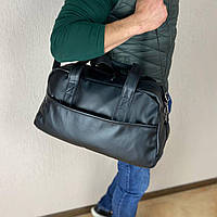 Мужская дорожная классическая спортивная сумка городская кожаная стильная надежная черного цвета