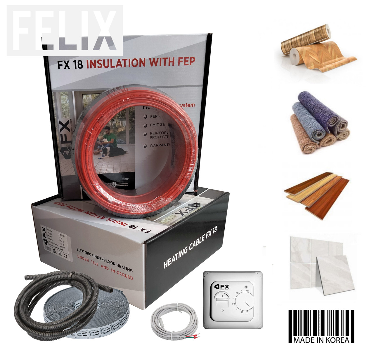 Комплект тепла підлога електрична у стяжку 1800 ват 10-12м2(100мп) Felix FX18 Premium гріючий кабель Корея