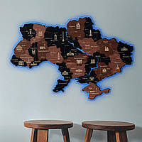 Деревянная карта Украины с подсветкой многослойная 3D Led - Серый с коричневым