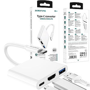 Адаптер USB-C to HDMI Borofone DH4 Type-C Converter USB3.0+HDMI+PD White