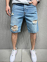 Рваные джинсовые шорты широкие до колен, Джинсовые шорты мужские синие турецкие МОМ с дырками