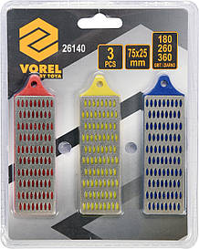 Набір брусків абразивних, алмазних, для заточування VOREL : 75х25 мм, G360/260/180, 3 шт.