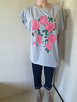 Женский летний костюм серый розы футболка бриджи большие размеры 50 - 58