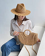 Комплект сумка і капелюх жіночий літній федор з перлами і ланцюгом D.Hats колір коричневий
