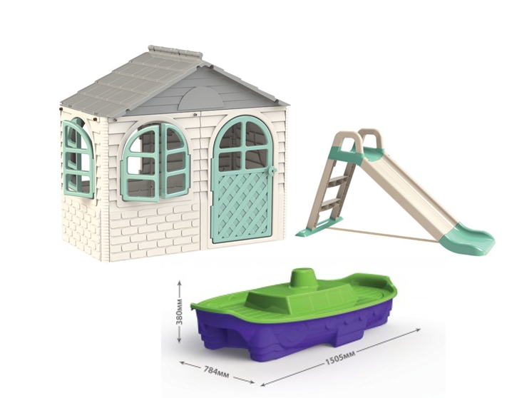 АКЦІЯ НАБІР Дитячий ігровий пластиковий будиночок зі шторками, дитяча пластикова гірка та пісочниця ТМ Doloni