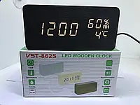 Настольные часы VST-862-6 с будильником и белой подсветкой/датчиком темп/дата дерев. брусок