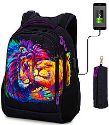 Рюкзак шкільний дитячий ортопедичний підлітковий малюнок леви для дівчинки з USB і пеналом SkyName 57-29