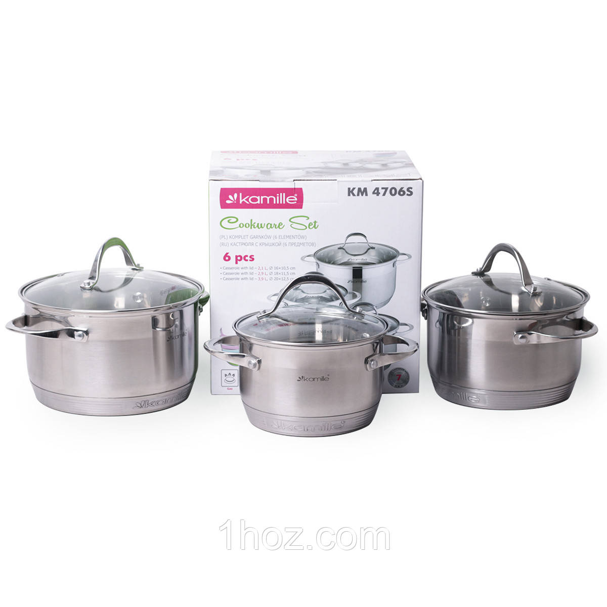 Набір каструль Kamille з нержавіючої сталі 6 предметів (1.8 л, 2.3 л, 3.3 л) KM-4706S, фото 1