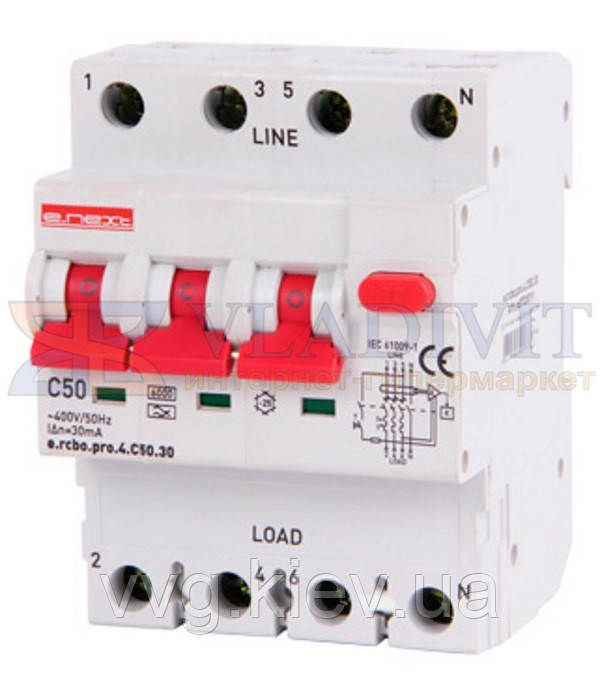 Дифавтомат з захистом від надструмів e.rcbo.pro.4.C50.30, 3P+N, 50А, С, тип А, 30мА, E.NEXT
