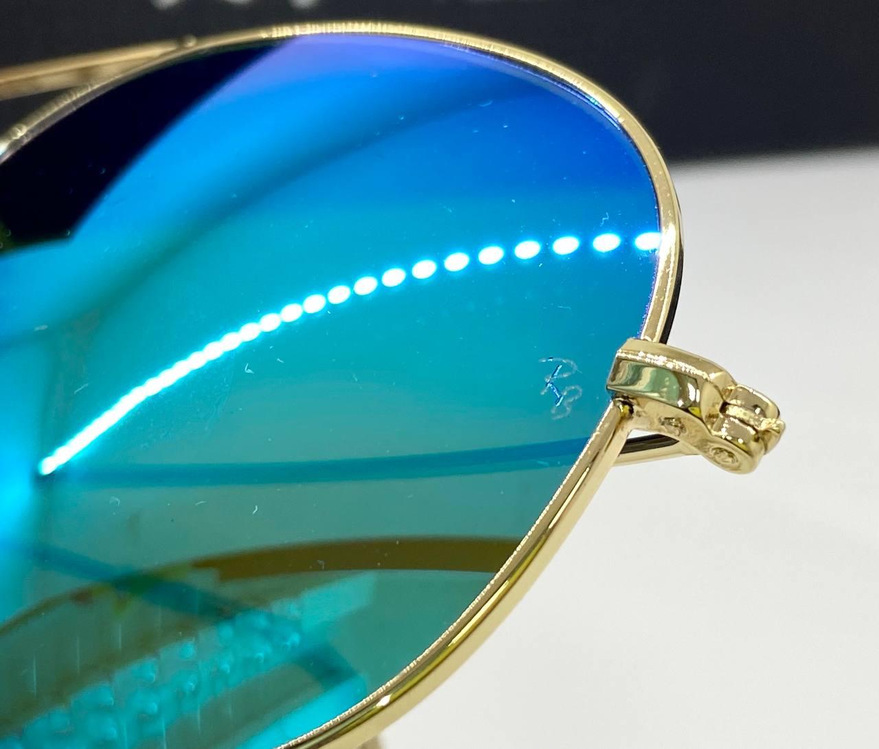 Солнцезащитные очки Ray Ban RB3025 Aviator стеклянные авиаторы зеркальные голубые линзы в золотистой оправе - фото 3 - id-p1624383931