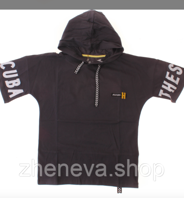 Стильна чорна з принтом футболка для хлопчика з капюшоном, р 146, 152, 158,164, фото 1