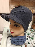 Весняна жіноча шапка в'язана з козирком, бавовна, ТМ Fonem, Туреччина, розмір 56-58, оливковий колір!, фото 2