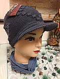 Весняна жіноча шапка в'язана з козирком, бавовна, ТМ Fonem, Туреччина, розмір 56-58, оливковий колір!, фото 5