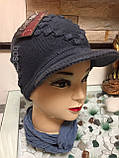 Весняна жіноча шапка в'язана з козирком, бавовна, ТМ Fonem, Туреччина, розмір 56-58, оливковий колір!, фото 6