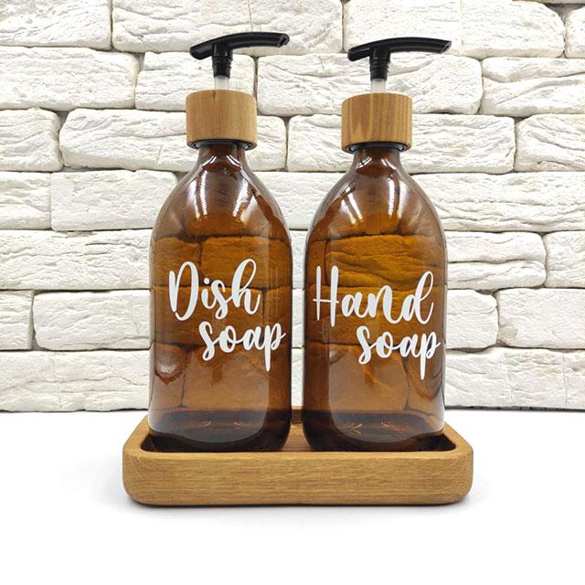 Набір скляних дозаторів для кухні 500 мл з дерев'яною підставкою "Жаклін" (2 шт), фото 1